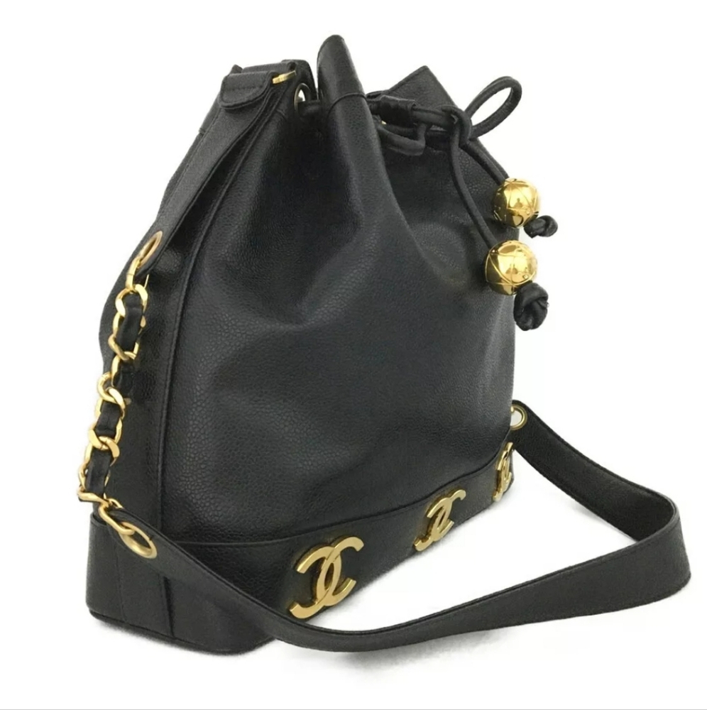 CHANEL Black Triple Coco CC Logo Cavier Leather Drawstring Shoulder Bag - Picture 4 of 12